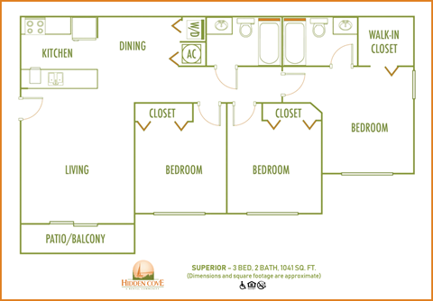 Floor plan for 3 beds, 2 baths, 1041 sqft